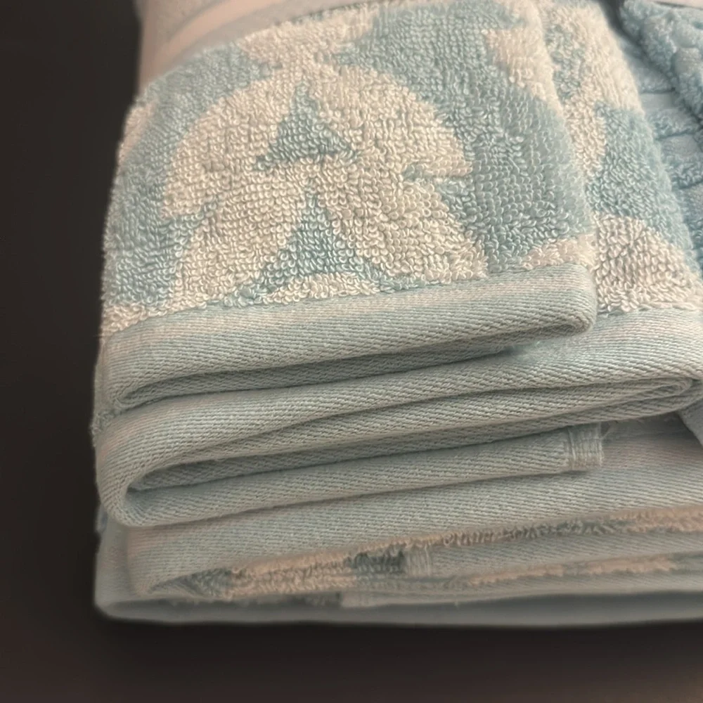 💥6pc CARO HOME 100% Cotton Bath Towel Set With Flowers - Pearl Blue - Blue/White